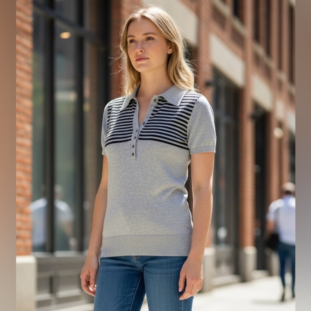MaxMara Weekend Line Virgin Wool Short Sleeve Grey Striped Polo